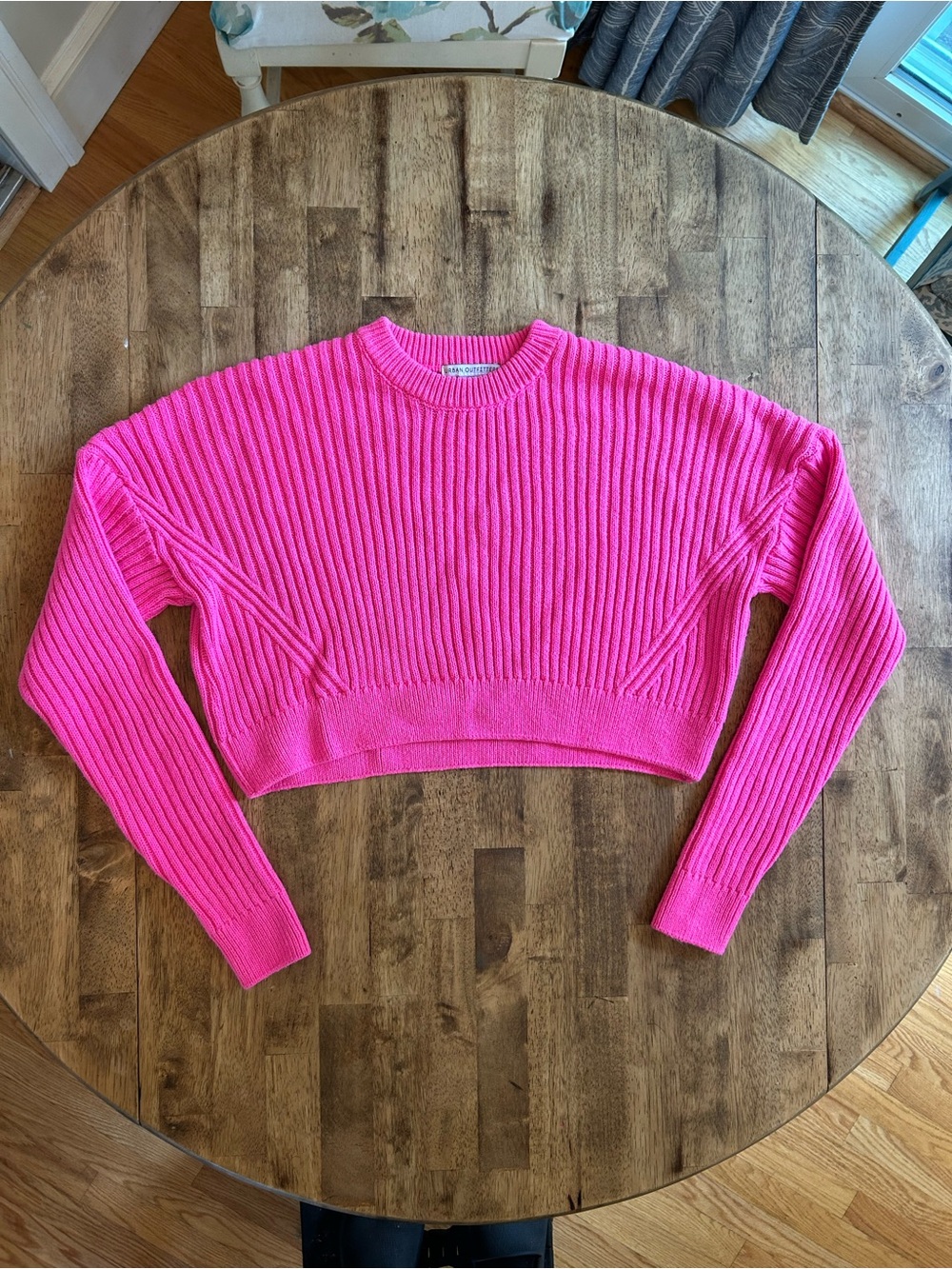 Urban Outfitters Vibrant Pink Ribbed Cropped Crewneck Sweater